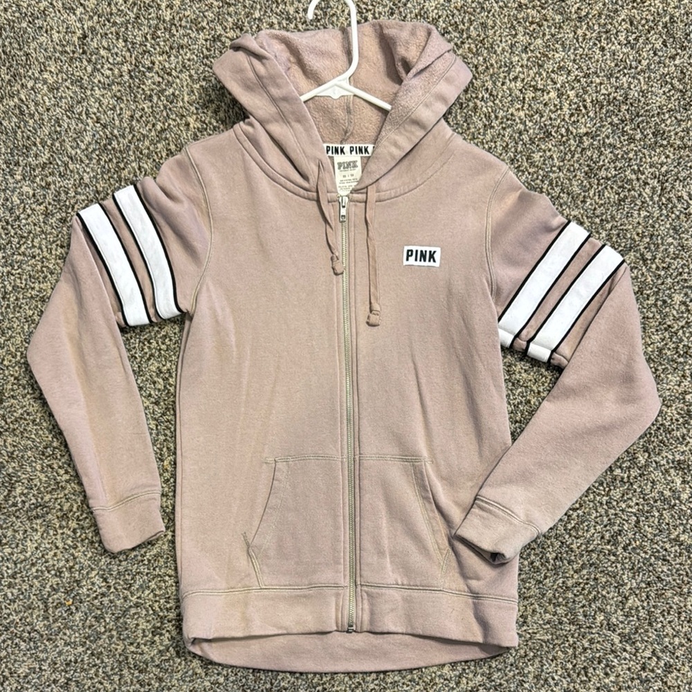 Pink Victoria's Secret Hoodie with Striped Sleeves